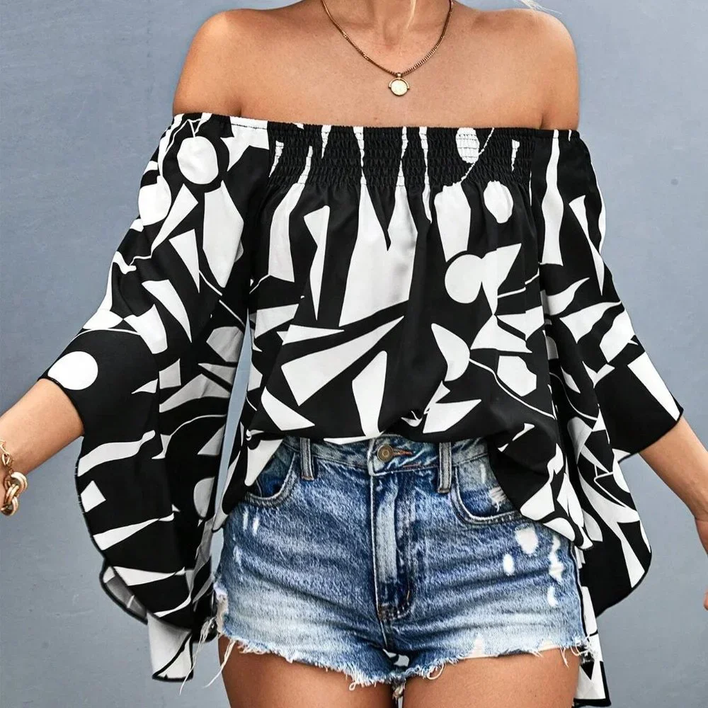 Black And White Boho Geo Print Off Shoulder Flounce Sleeve Blouse - Picture 4 of 5